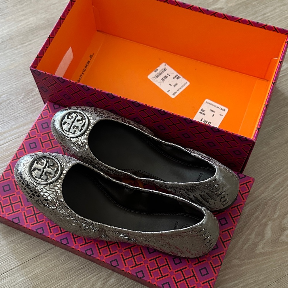 Authentic Tory Burch Reva Ballet Flats in metallic snakeskin-embossed leather